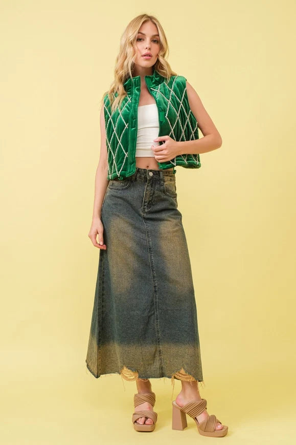 Velvet Quilted Rhinestone Embellished Crop Vest - Green