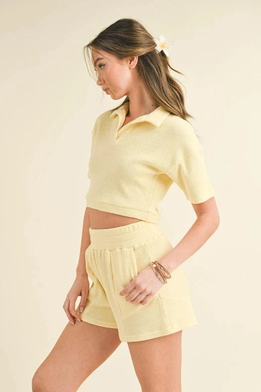 Waffle Knit Polo And Short Set - Yellow