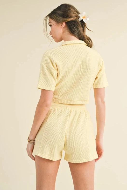 Waffle Knit Polo And Short Set - Yellow