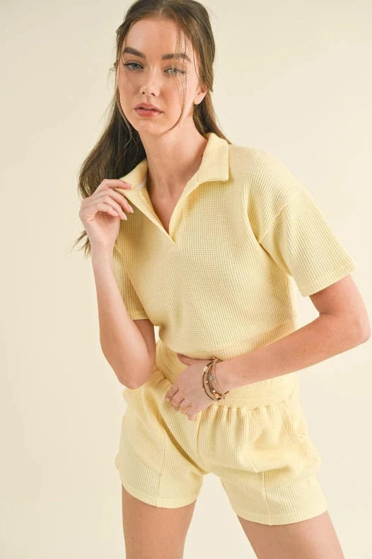 Waffle Knit Polo And Short Set - Yellow