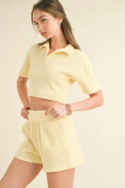 Waffle Knit Polo And Short Set - Yellow