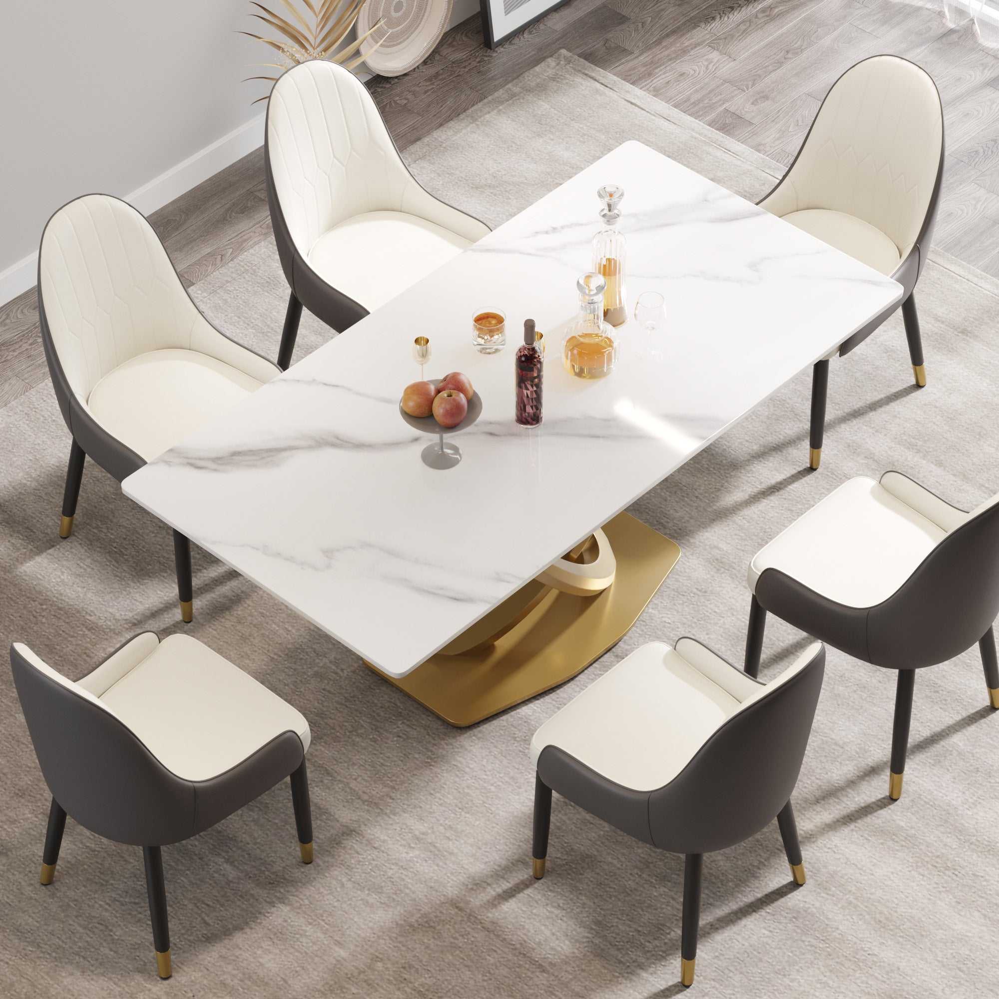 White Sintered Stone Dining Table with Gold Double-Ring Stainless Steel Base