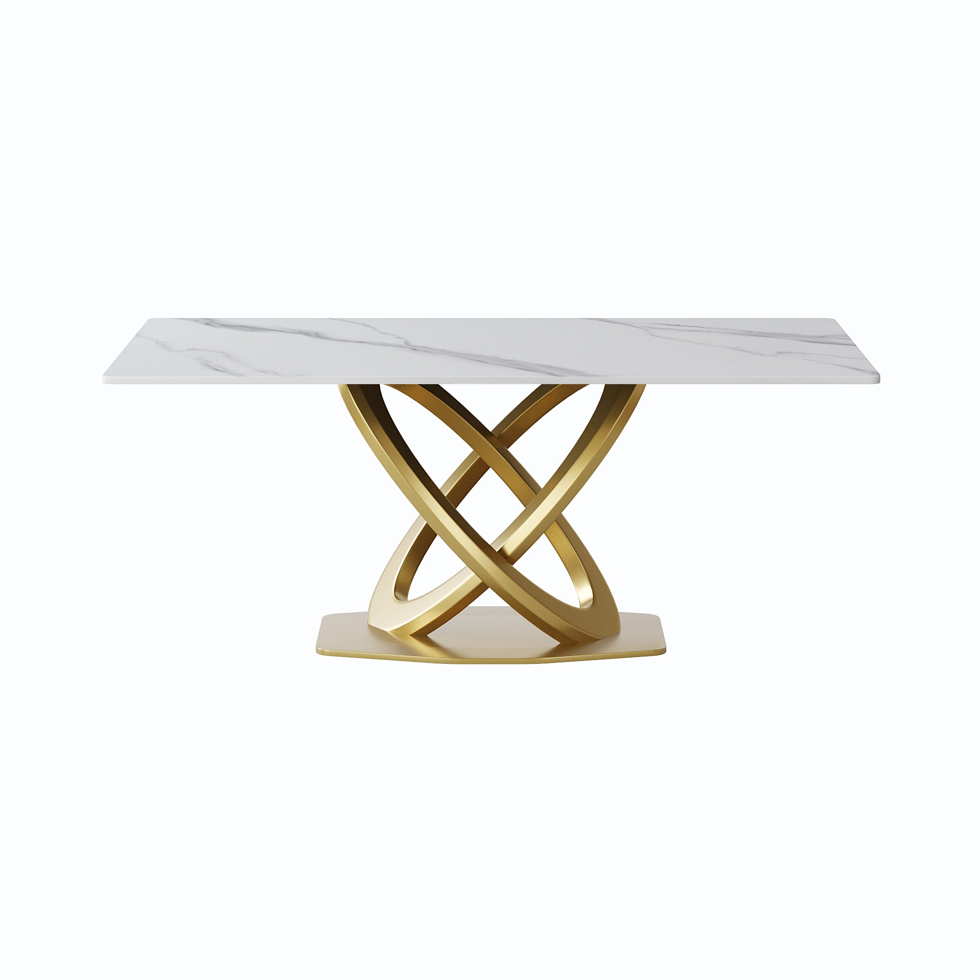 White Sintered Stone Dining Table with Gold Double-Ring Stainless Steel Base