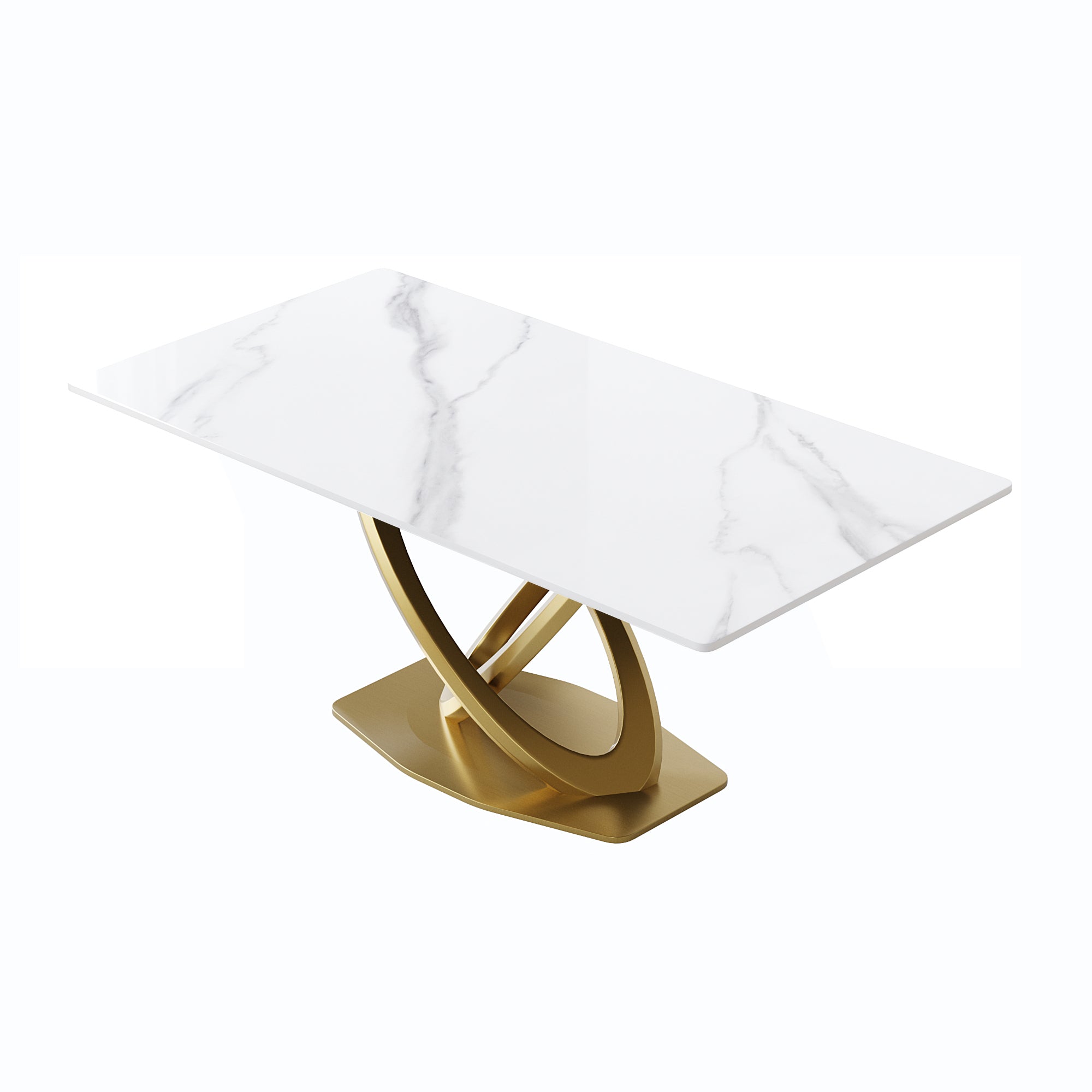White Sintered Stone Dining Table with Gold Double-Ring Stainless Steel Base