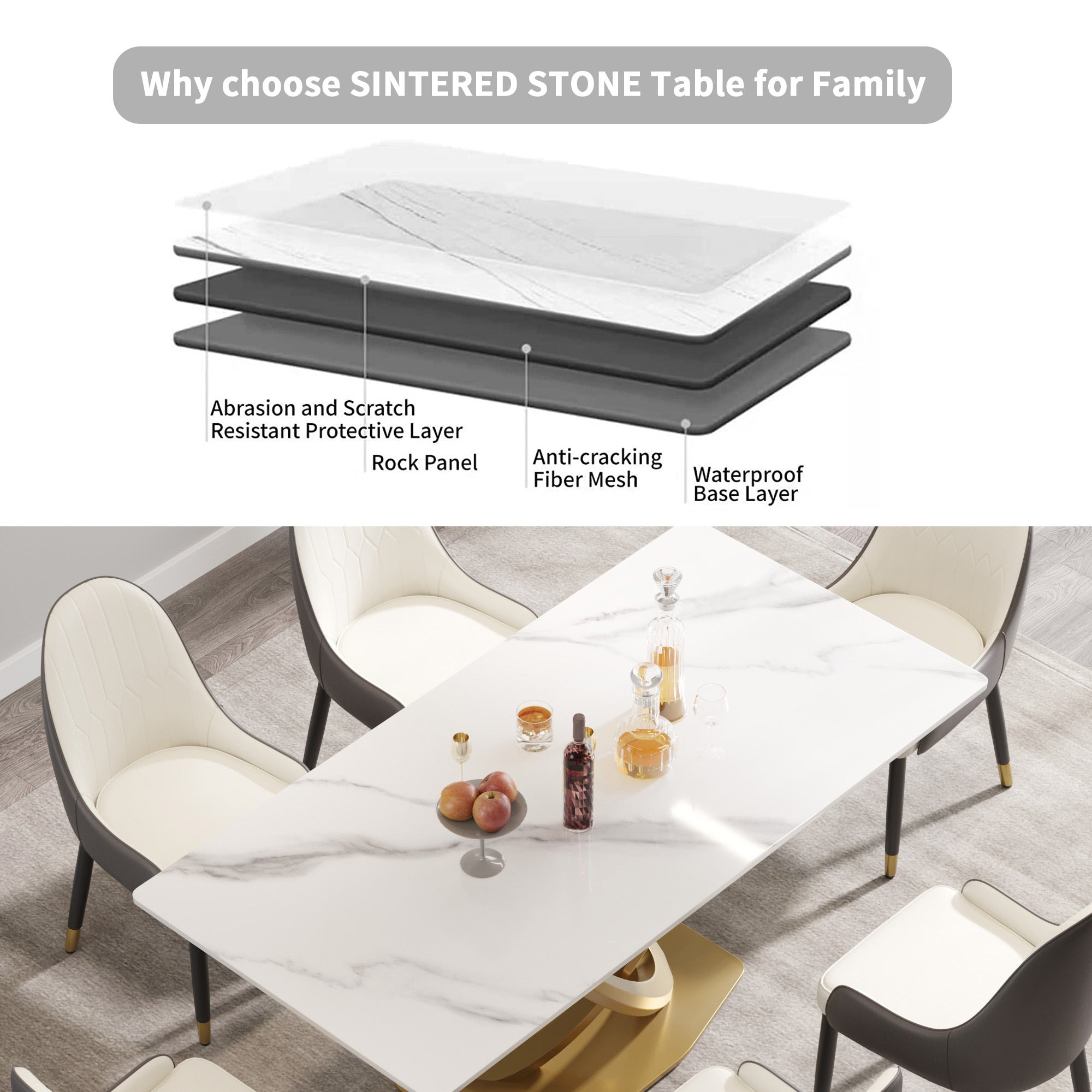 White Sintered Stone Dining Table with Gold Double-Ring Stainless Steel Base