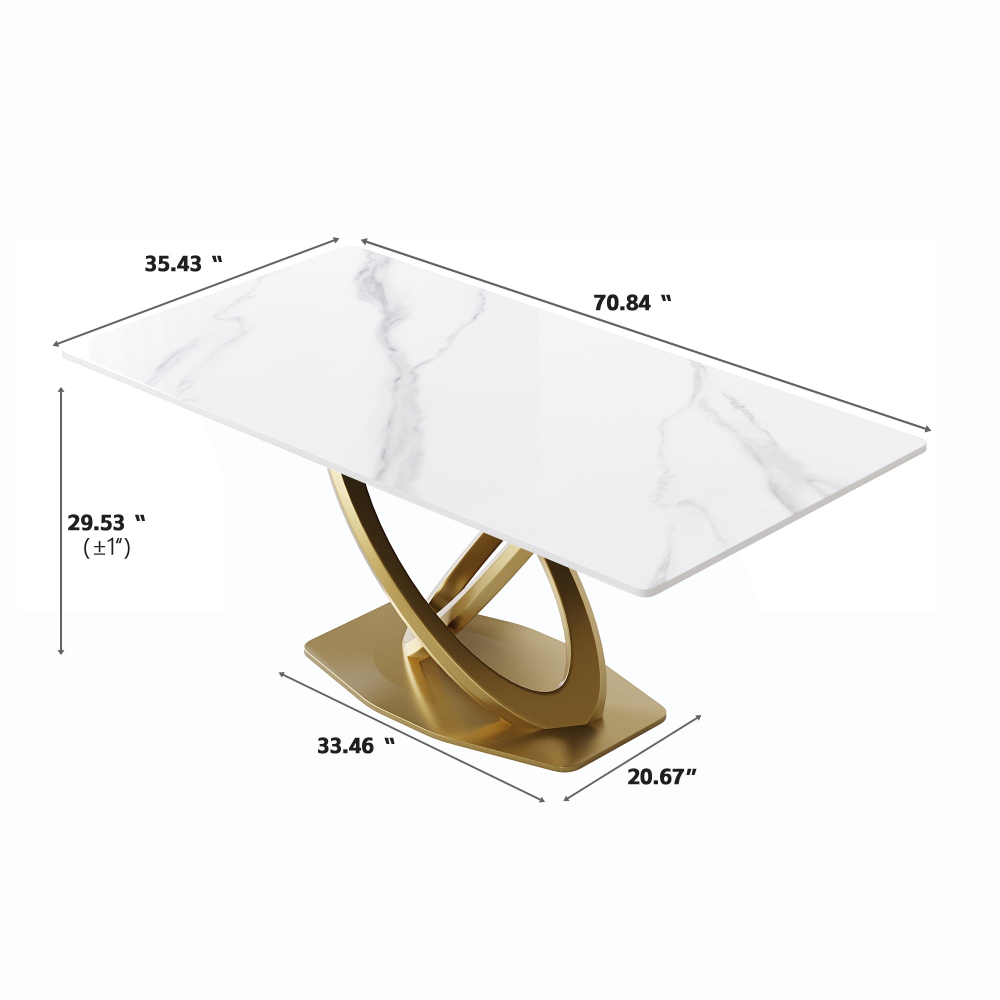 White Sintered Stone Dining Table with Gold Double-Ring Stainless Steel Base