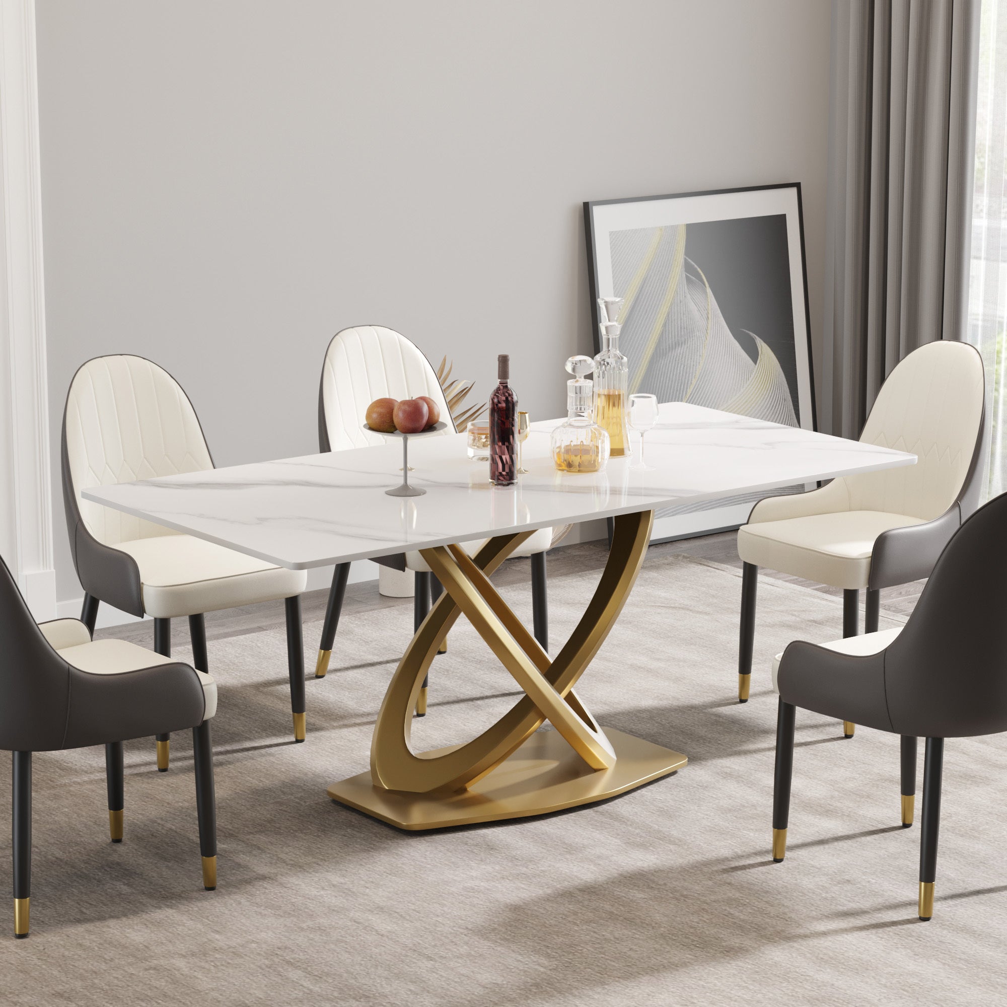 White Sintered Stone Dining Table with Gold Double-Ring Stainless Steel Base