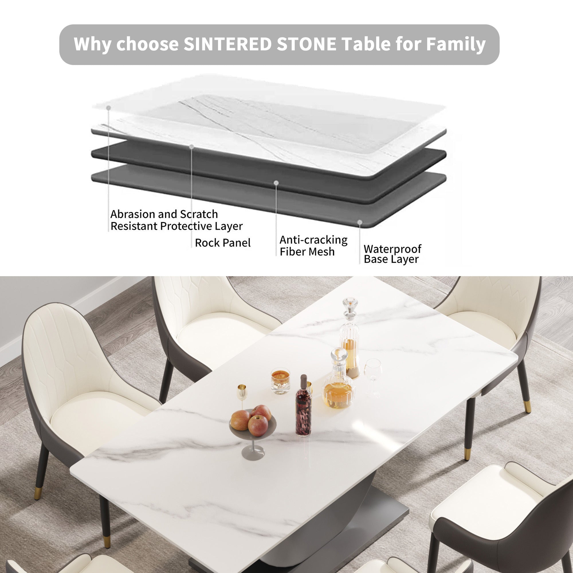 White Sintered Stone Dining Table with Moon-Shaped Stainless Steel Base