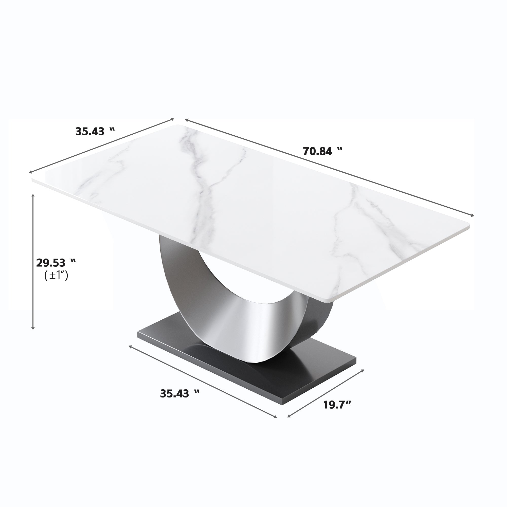 White Sintered Stone Dining Table with Moon-Shaped Stainless Steel Base