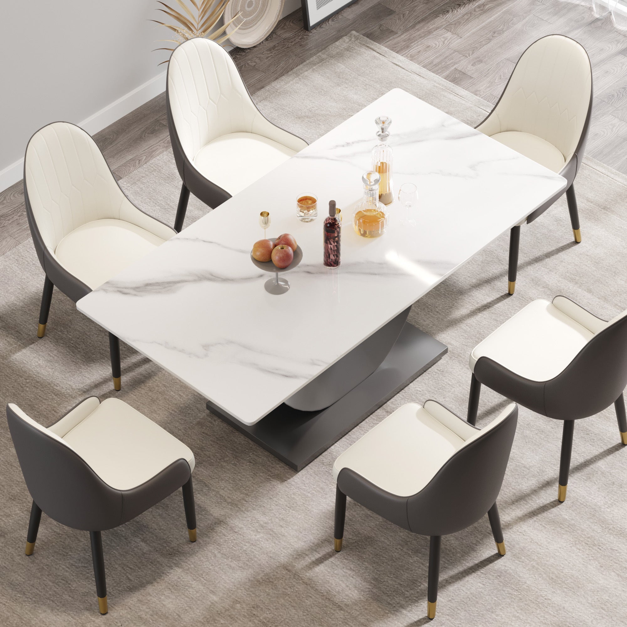 White Sintered Stone Dining Table with Moon-Shaped Stainless Steel Base