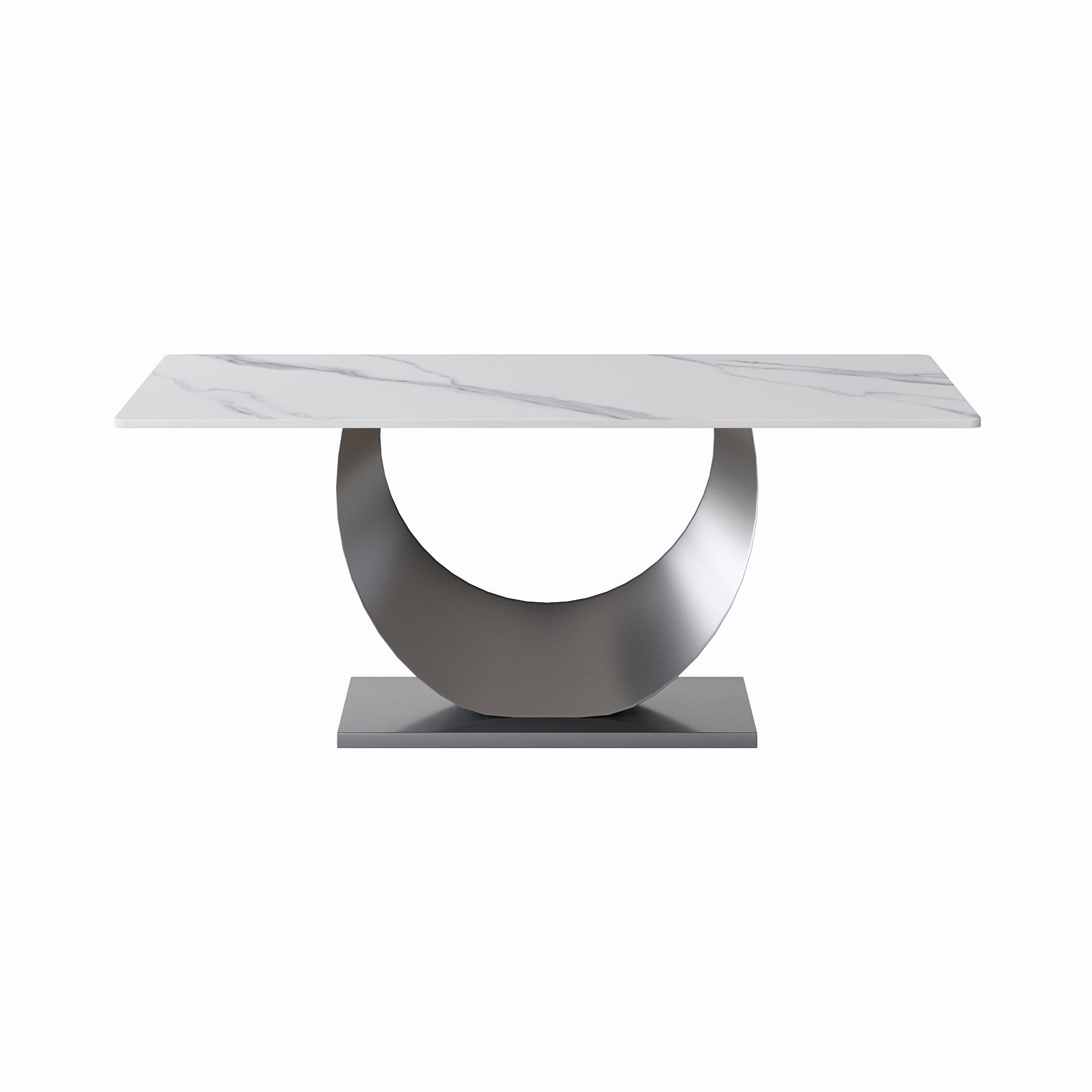 White Sintered Stone Dining Table with Moon-Shaped Stainless Steel Base