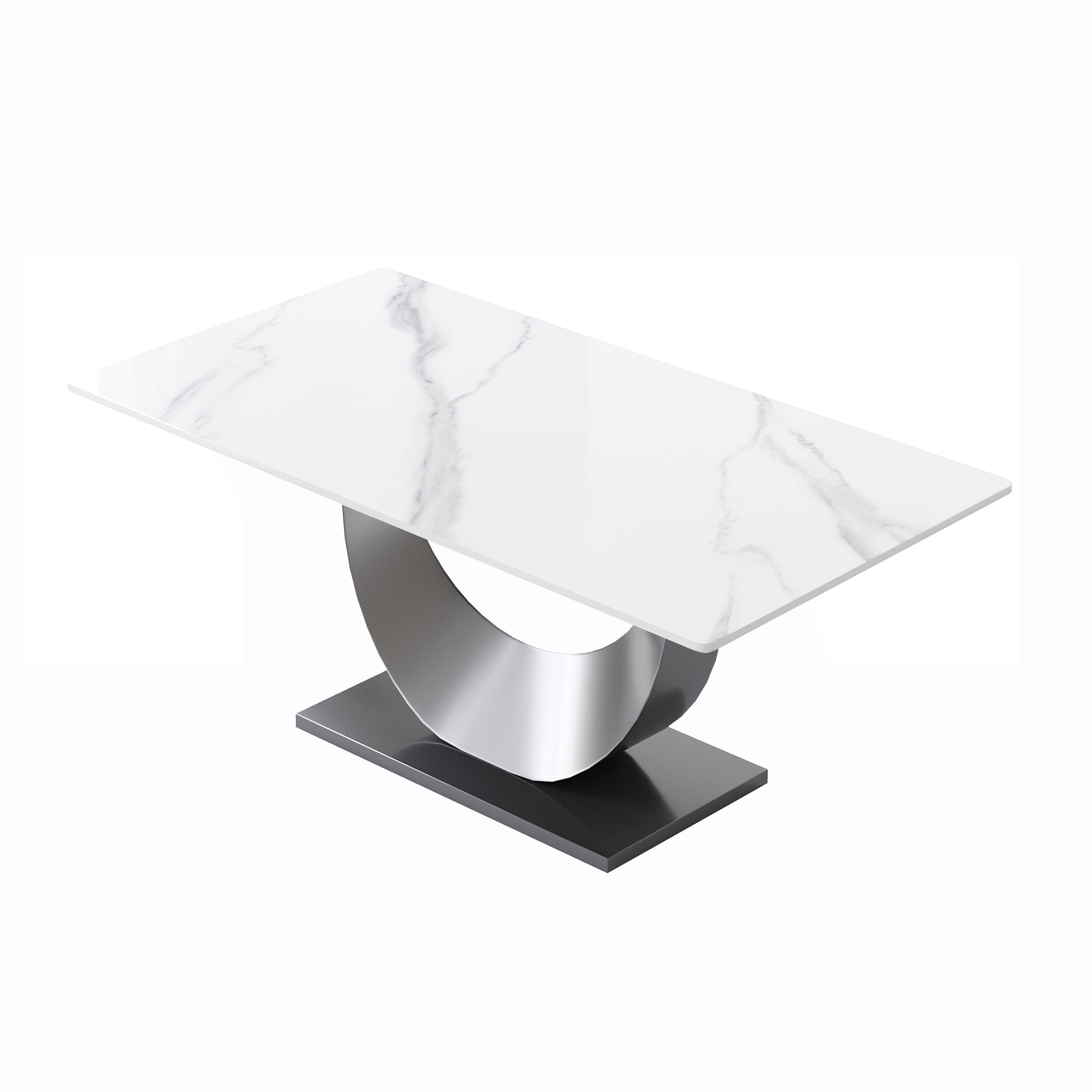 White Sintered Stone Dining Table with Moon-Shaped Stainless Steel Base