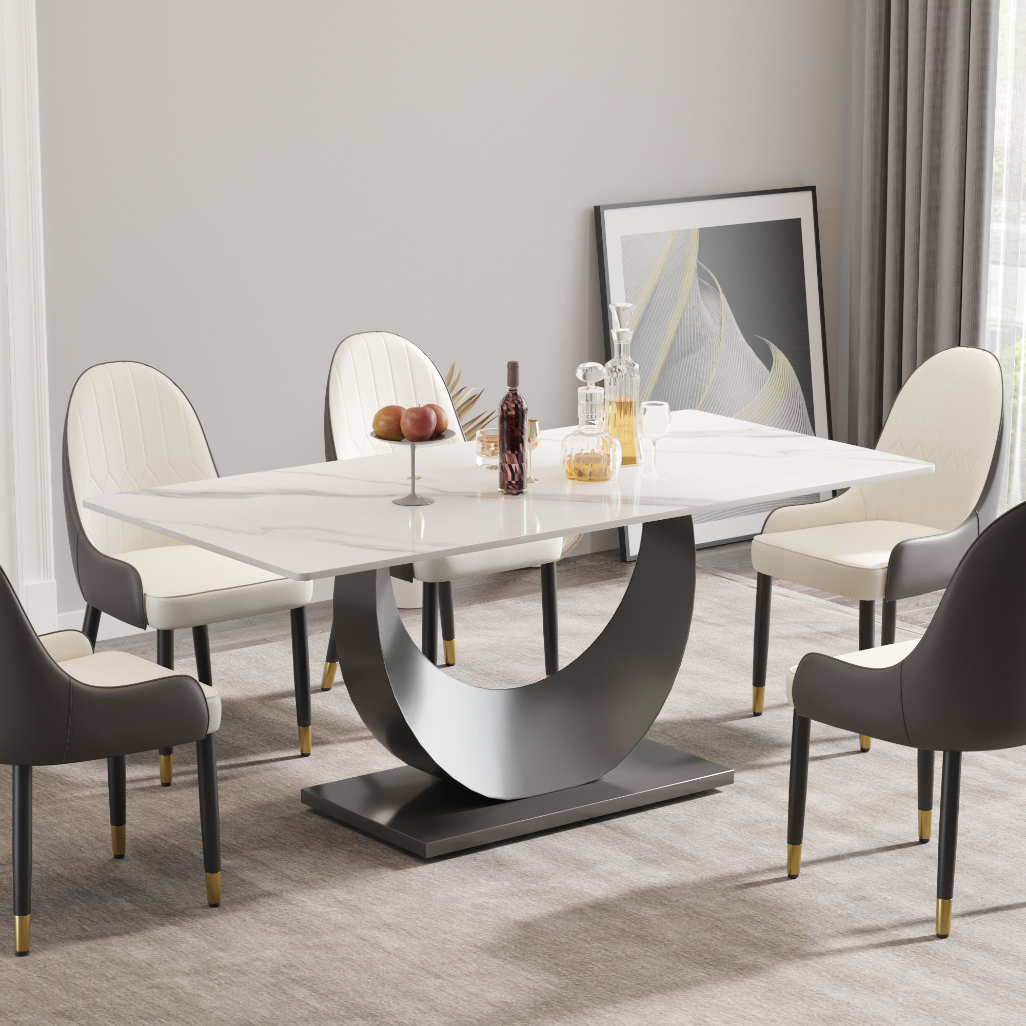 White Sintered Stone Dining Table with Moon-Shaped Stainless Steel Base
