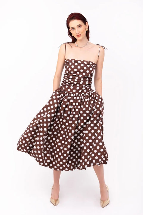 Alexa Brown Puffball Dress with Polka Dot Detail