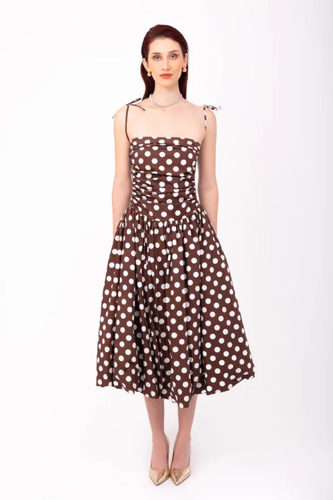 Alexa Brown Puffball Dress with Polka Dot Detail