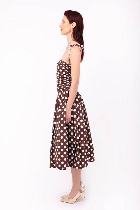 Alexa Brown Puffball Dress with Polka Dot Detail