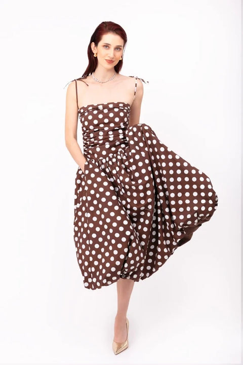 Alexa Brown Puffball Dress with Polka Dot Detail