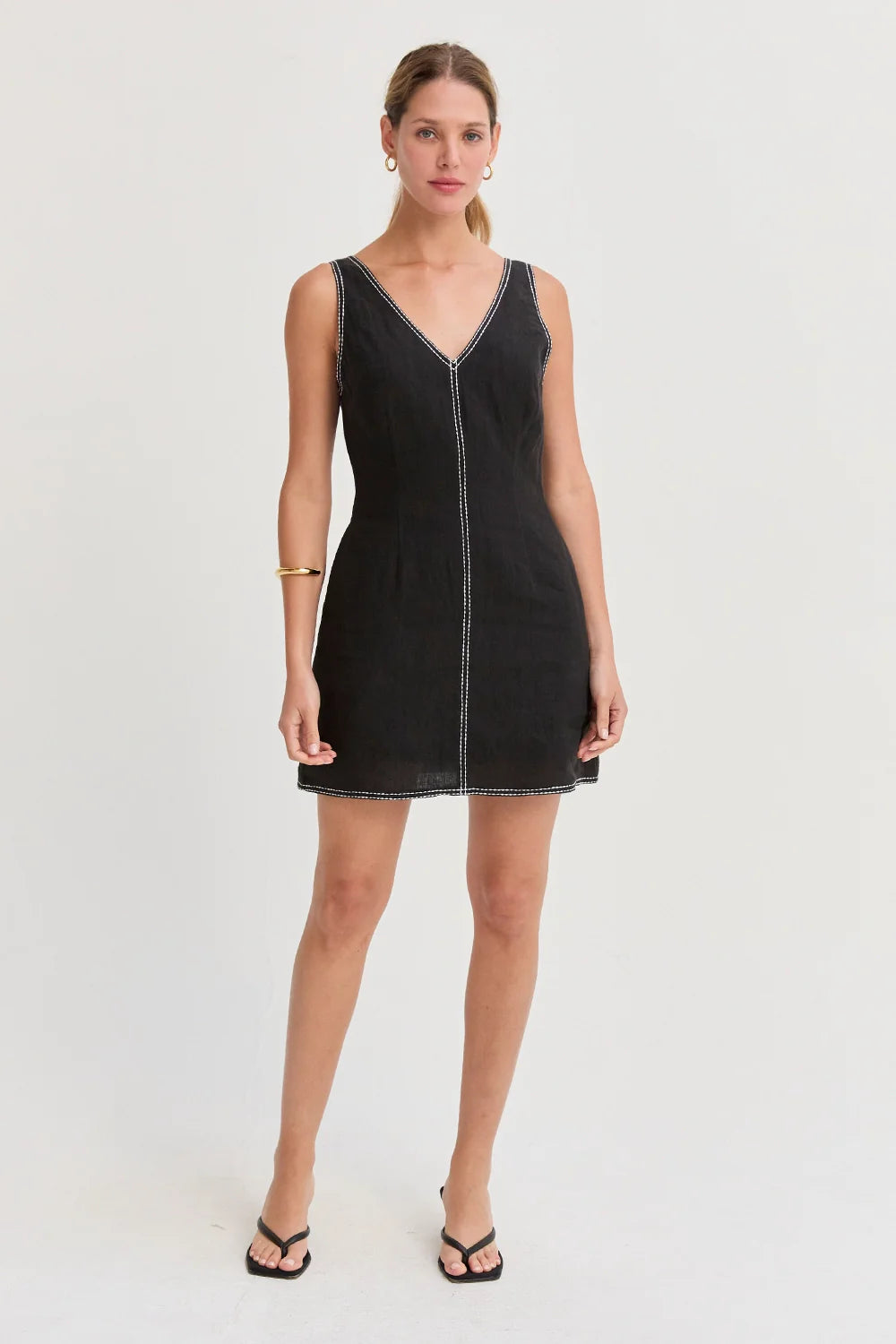 Amara Contrast Stitch V-Neck Linen Mini Dress