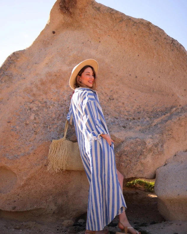 Anthracite Striped Long Linen Shirt Dress  Blue Stripes