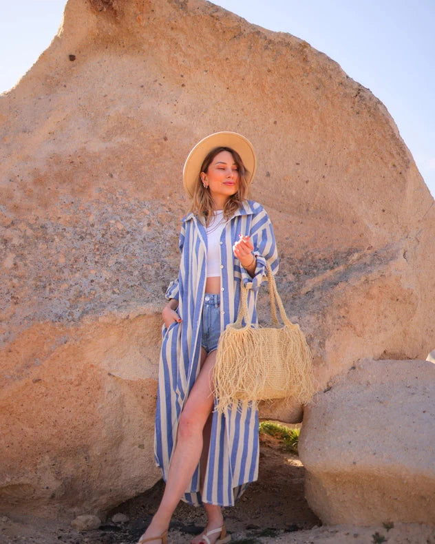 Anthracite Striped Long Linen Shirt Dress  Blue Stripes