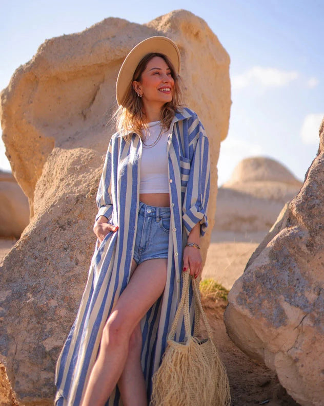 Anthracite Striped Long Linen Shirt Dress  Blue Stripes