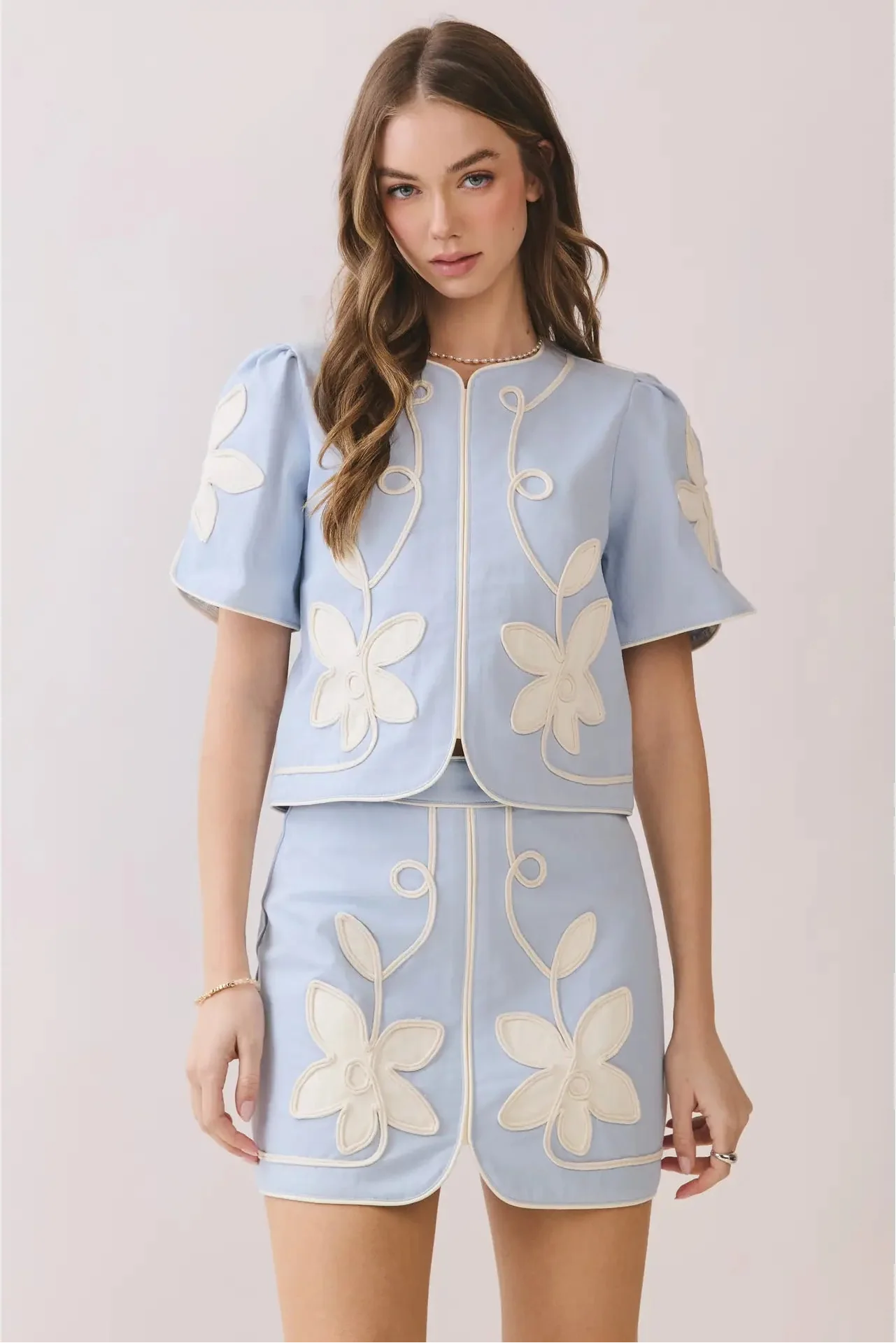 Appliqué Floral Short Puff Sleeve Structured Top - Blue