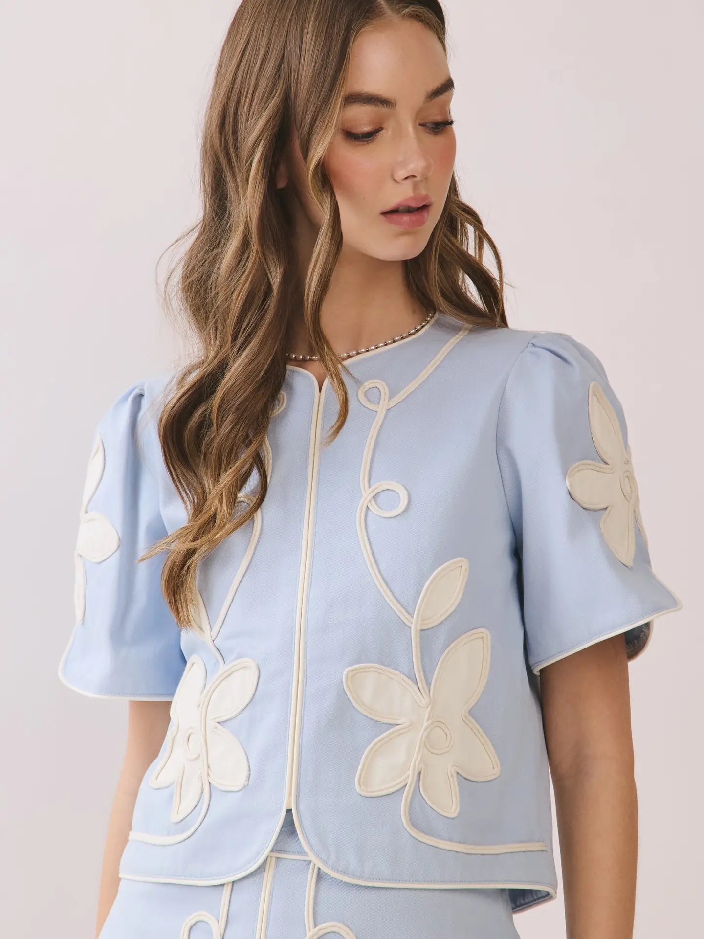 Appliqué Floral Short Puff Sleeve Structured Top - Blue