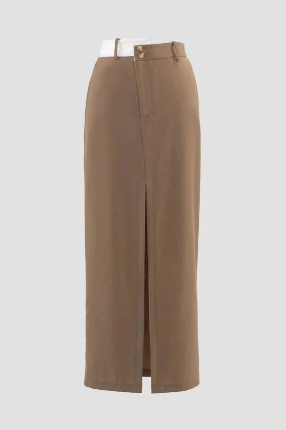 Asymmetrical Button Split Pencil Midi Skirt