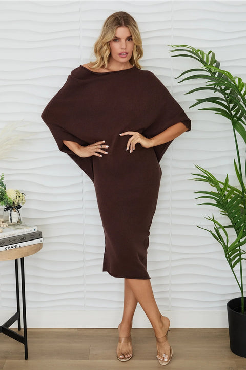 Asymmetrical Knit Sweater Dress in Chocolate Brown for Women