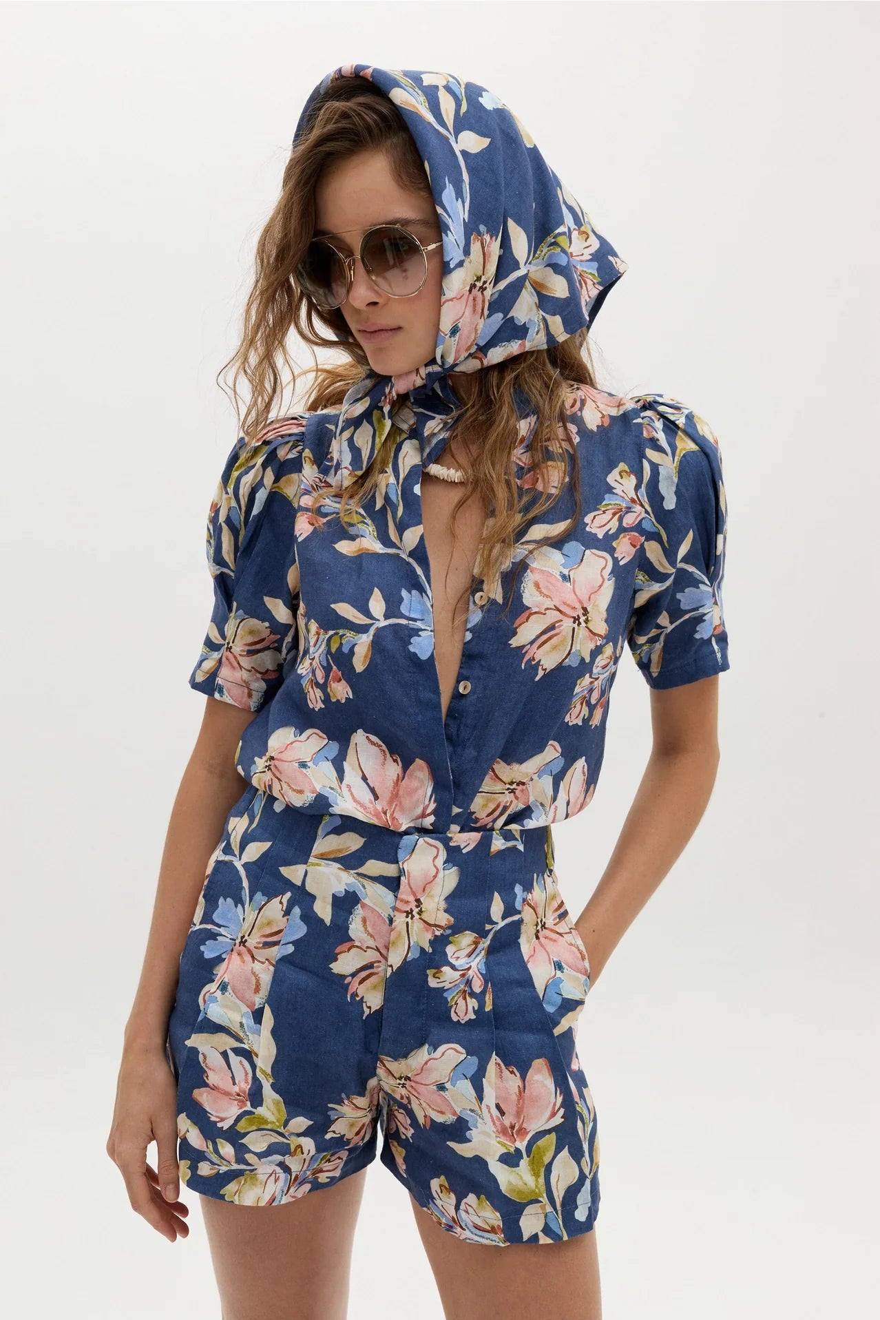 Athina Linen Shirt - Blue Poppy Print