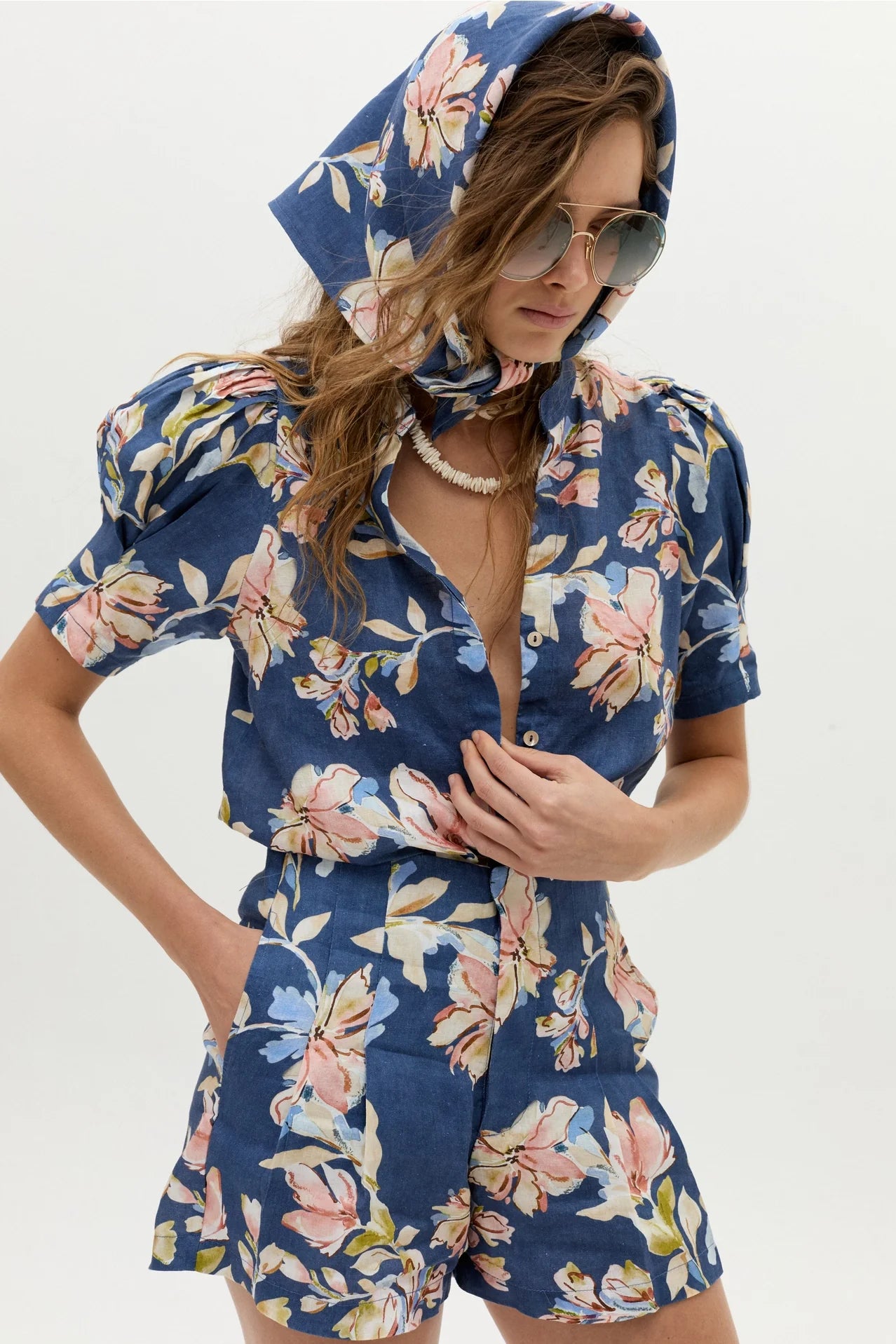 Athina Linen Shirt - Blue Poppy Print