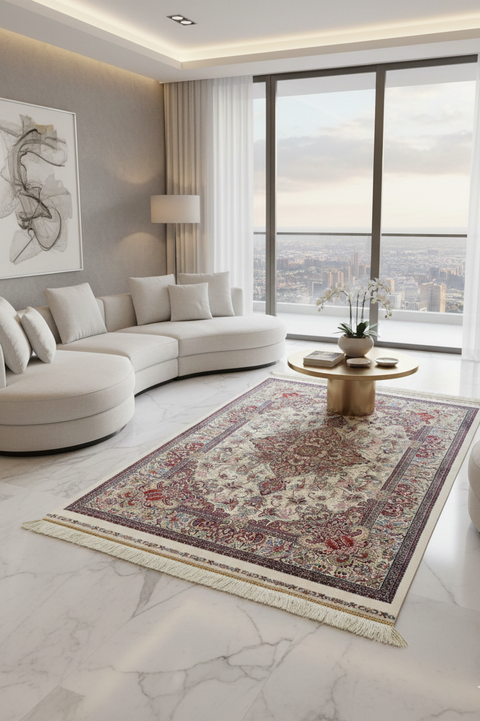 Exquisite 100% Silk Persian Design Rug – Elegant and Luxurious, size 3" x 5" (H)