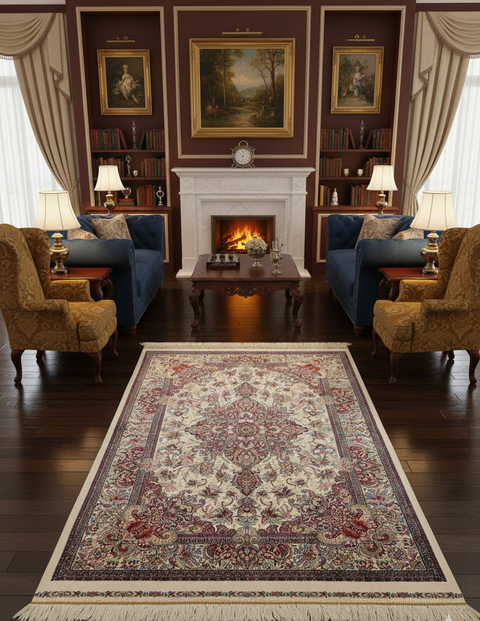 Exquisite 100% Silk Persian Design Rug – Elegant and Luxurious, size 3" x 5" (H)