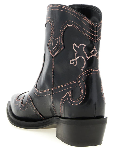 Ganni Low Shaft Embroidered Western Ankle Boots