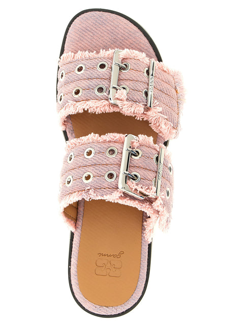 Ganni Feminine Buckle Fringed Denim Sandals