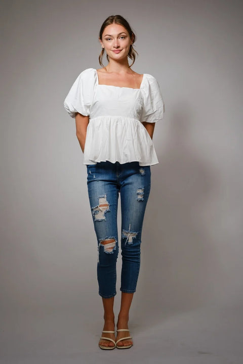 Back Tie Puff Sleeve Peplum Top