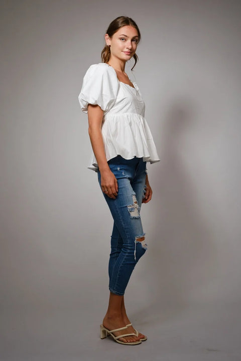 Back Tie Puff Sleeve Peplum Top