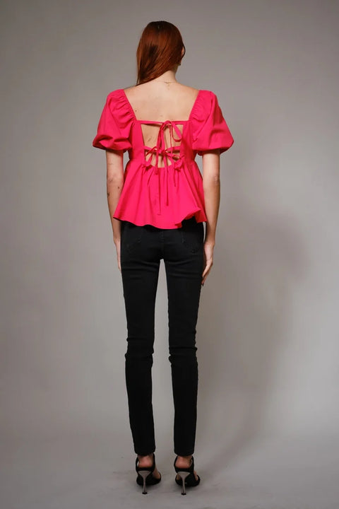 Back Tie Puff Sleeve Peplum Top