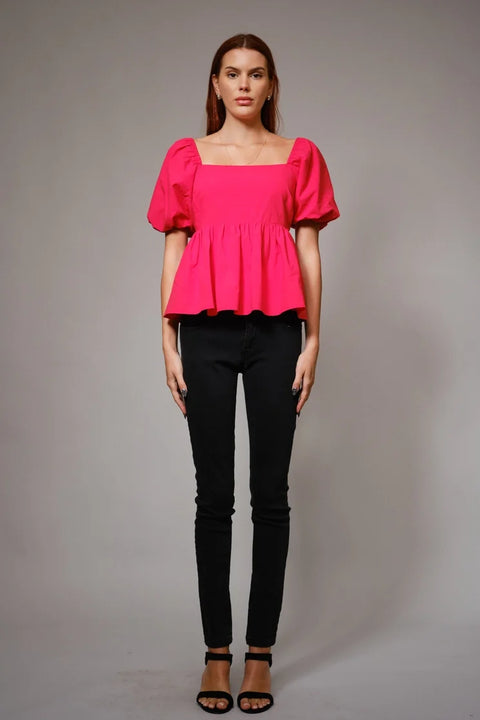 Back Tie Puff Sleeve Peplum Top