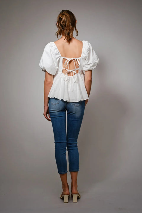 Back Tie Puff Sleeve Peplum Top
