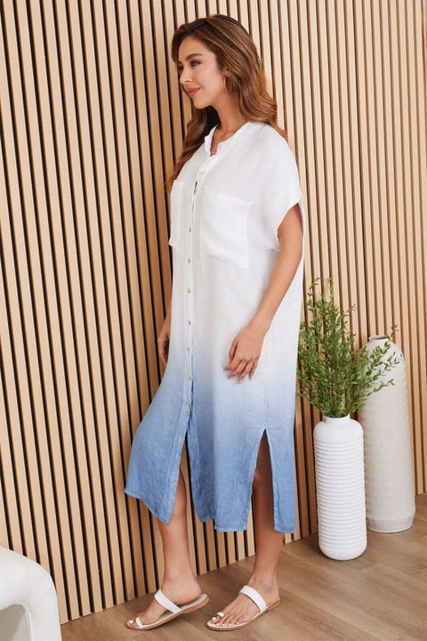 Band Collar Maxi Dress with Dip Dye Detail in Blue