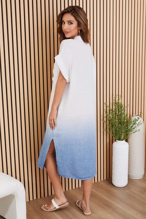 Band Collar Maxi Dress with Dip Dye Detail in Blue