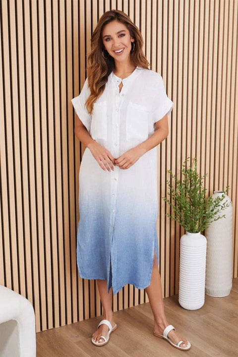 Band Collar Maxi Dress with Dip Dye Detail in Blue
