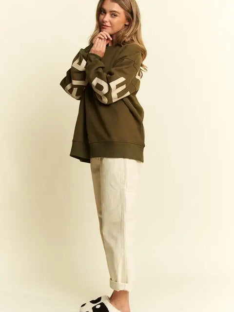 Be Yourself Love Yourself Printed Oversized Sweatshirt OLIVE