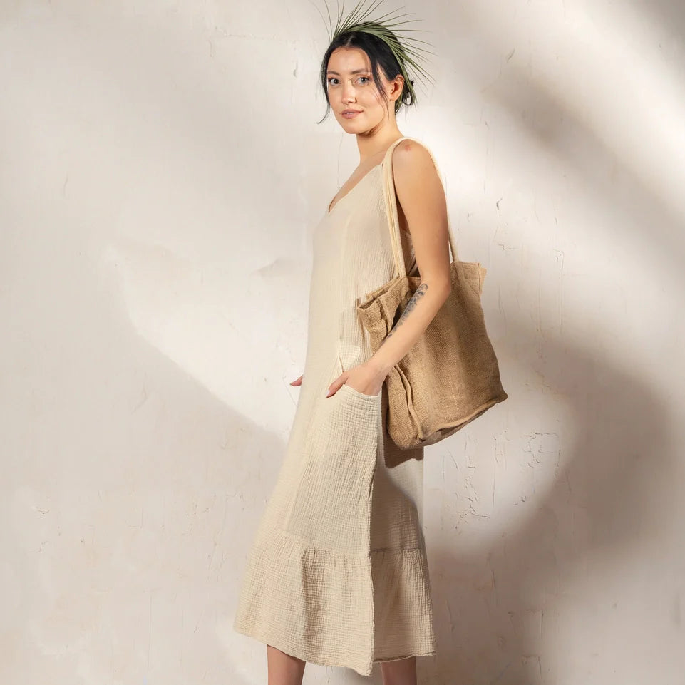 Beige Double Gauze Strap Dress Beige