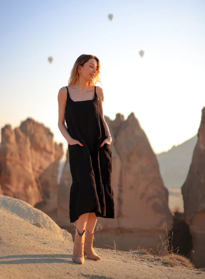 Beige Double Gauze Strap Dress Black