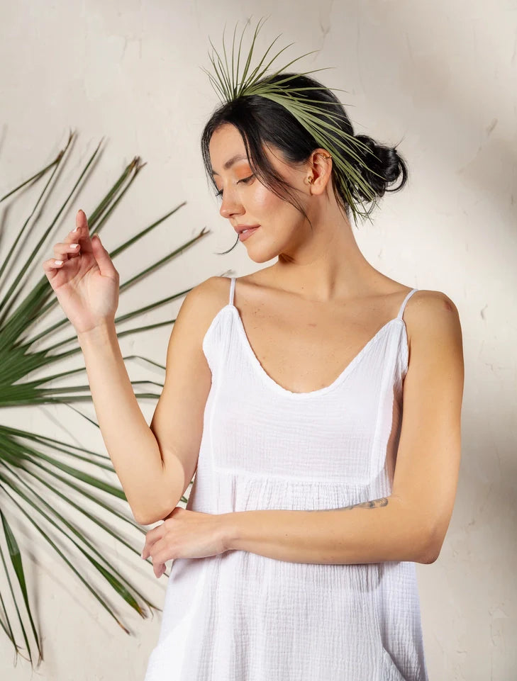 Beige Double Gauze Strap Dress White