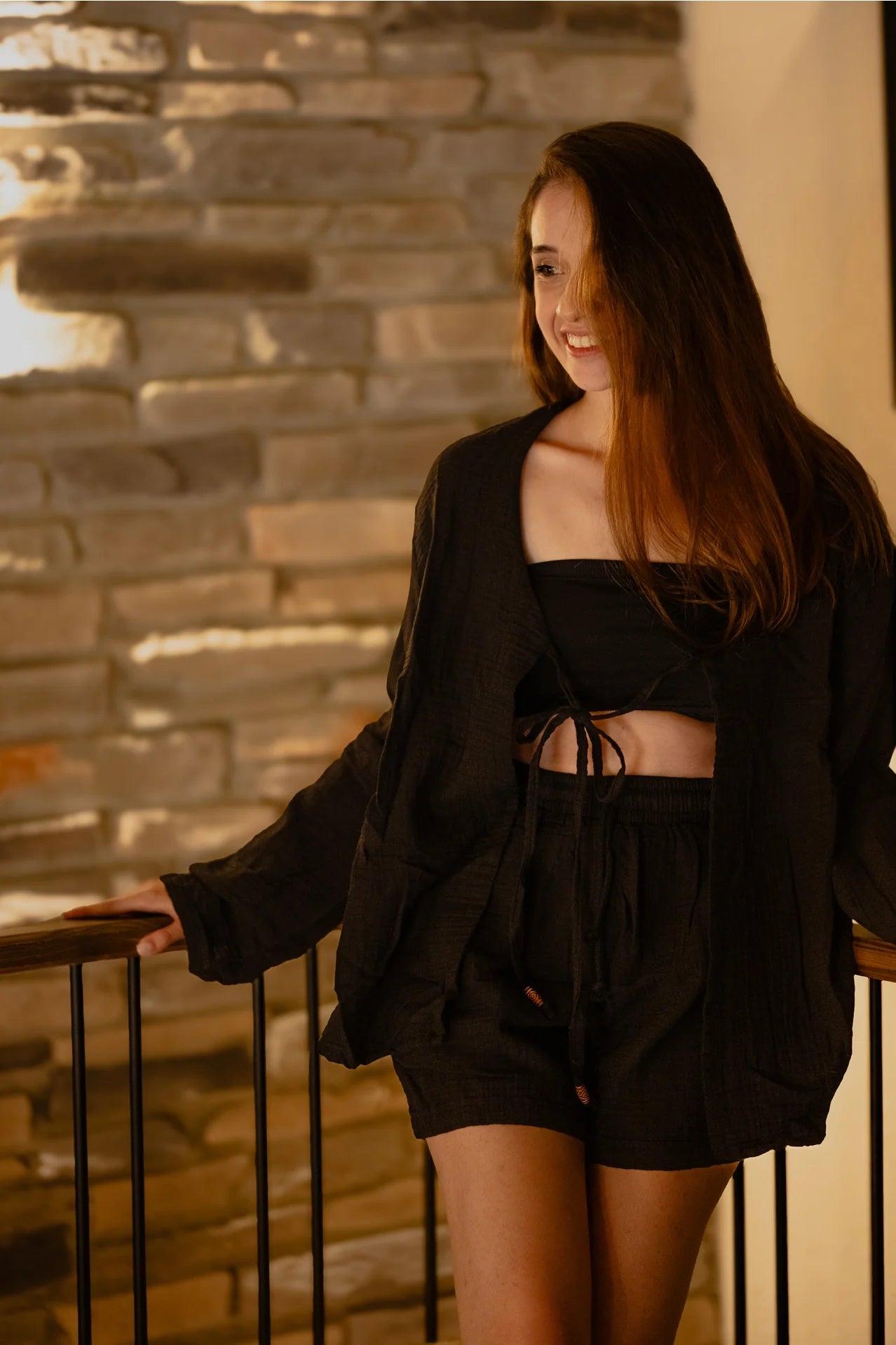 Beige Top & Shorts Crinkle Cotton Lounge Wear Set