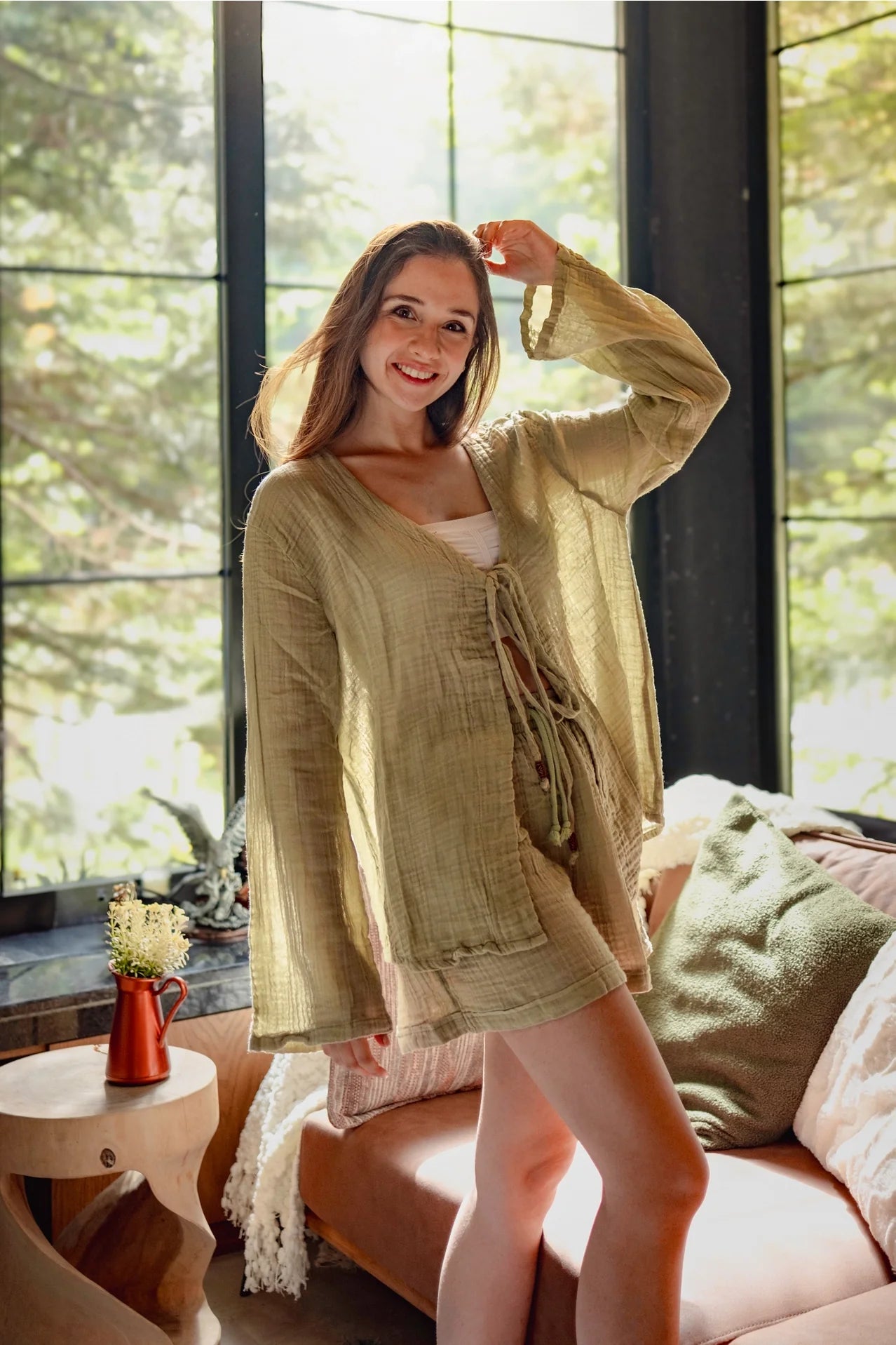 Beige Top & Shorts Crinkle Cotton Lounge Wear Set