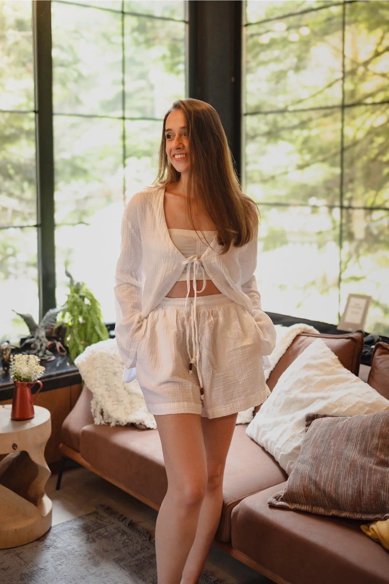 Beige Top & Shorts Crinkle Cotton Lounge Wear Set